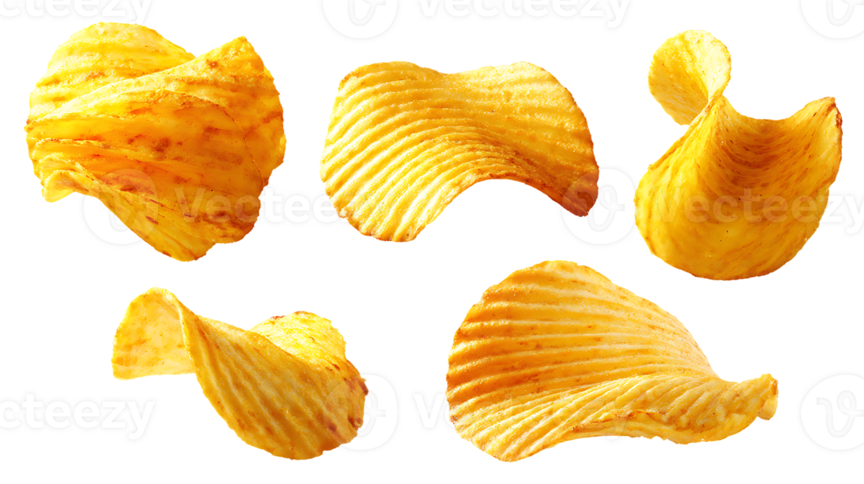 Delicious Crispy Fried Potato Chips Scattered Isolated on Transparent Background Still Life png