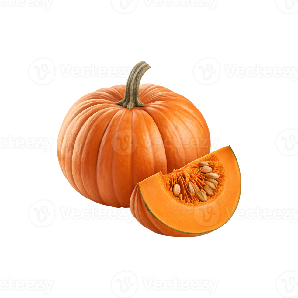 Whole Pumpkin with Slice Showing Seeds on Transparent Background png