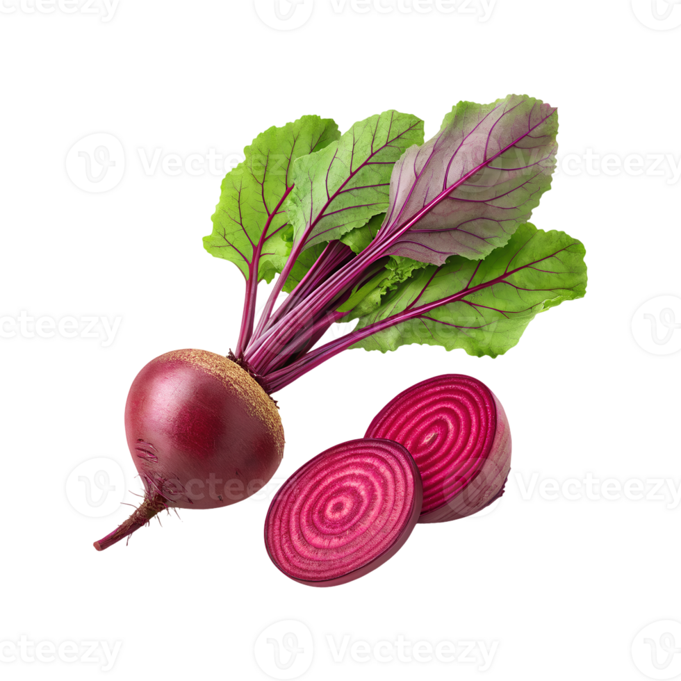 Fresh Beetroot with Green Leaves and Sliced Pieces on Transparent Background png