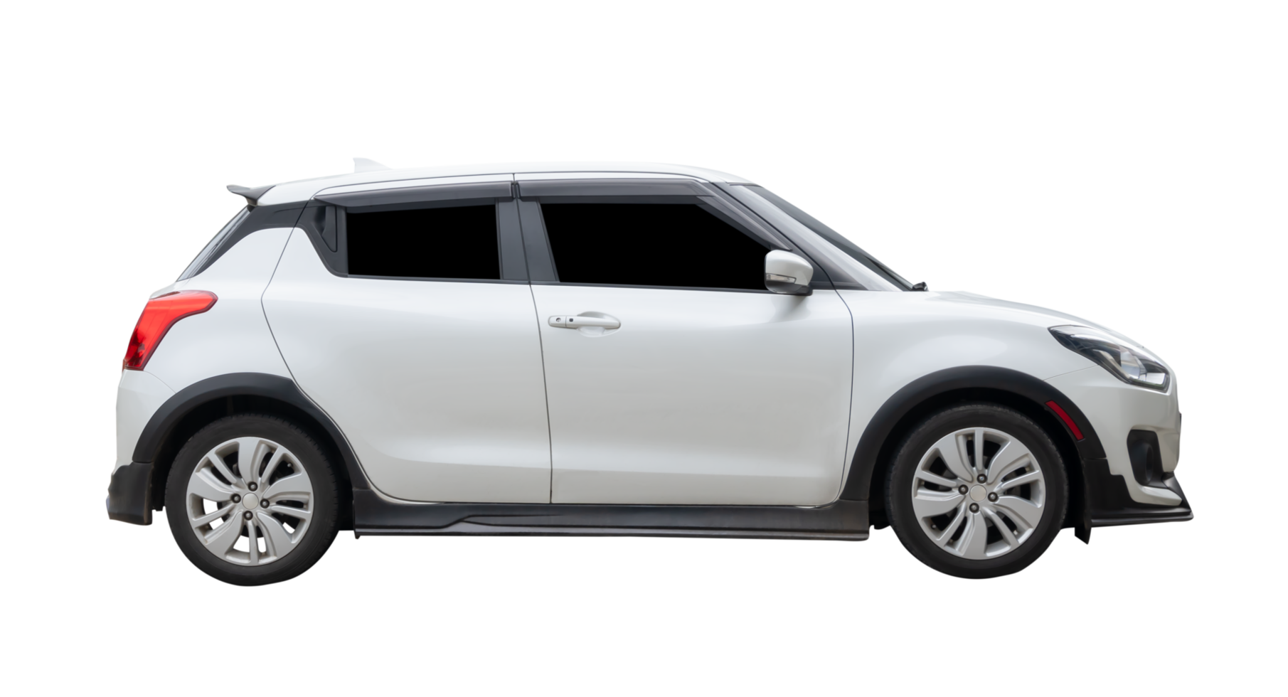 Right side view of mini or small white hatchback car isolated with clipping path in file format png