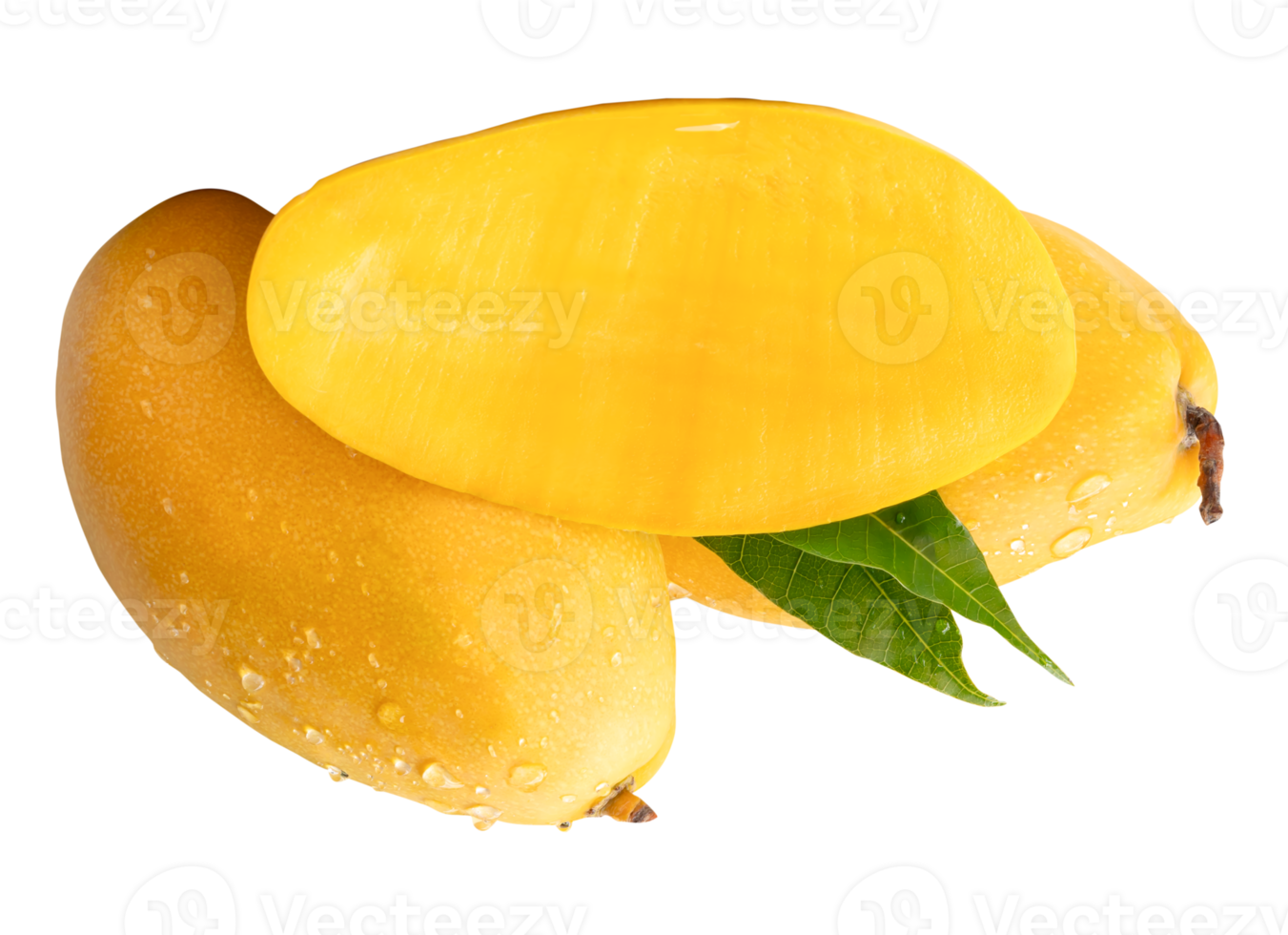 Two mango fruits and half with green leaves and water droplets in stack isolated with clipping path in file format png