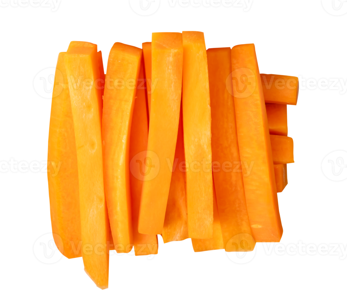 Stick shape of carrot slices in stack isolated with clipping path in file format png