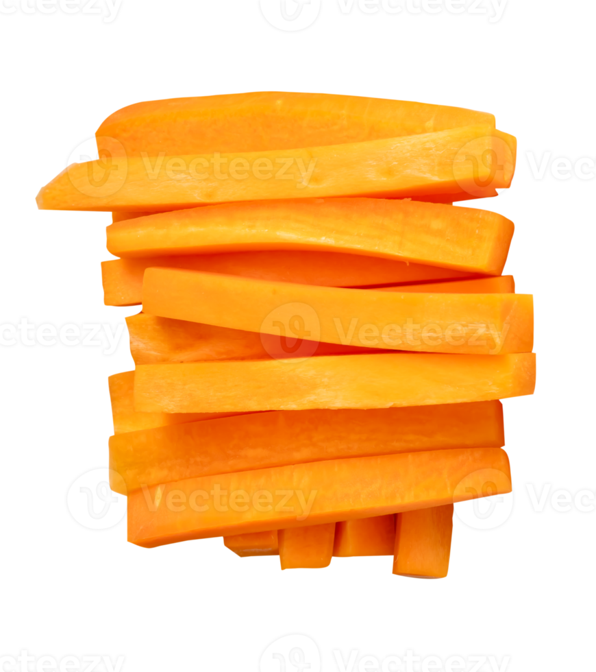 Carrot slices in stick shape in stack isolated with clipping path in file format png