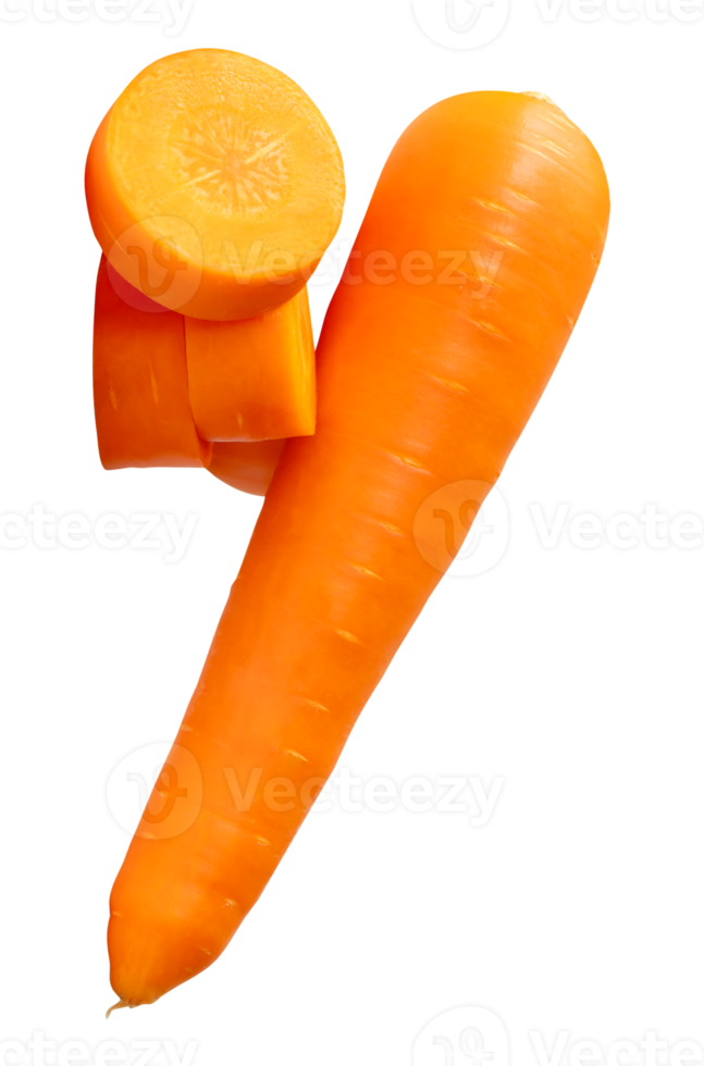 Fresh orange carrot root with slices in circles in stack isolated with clipping path in file format png