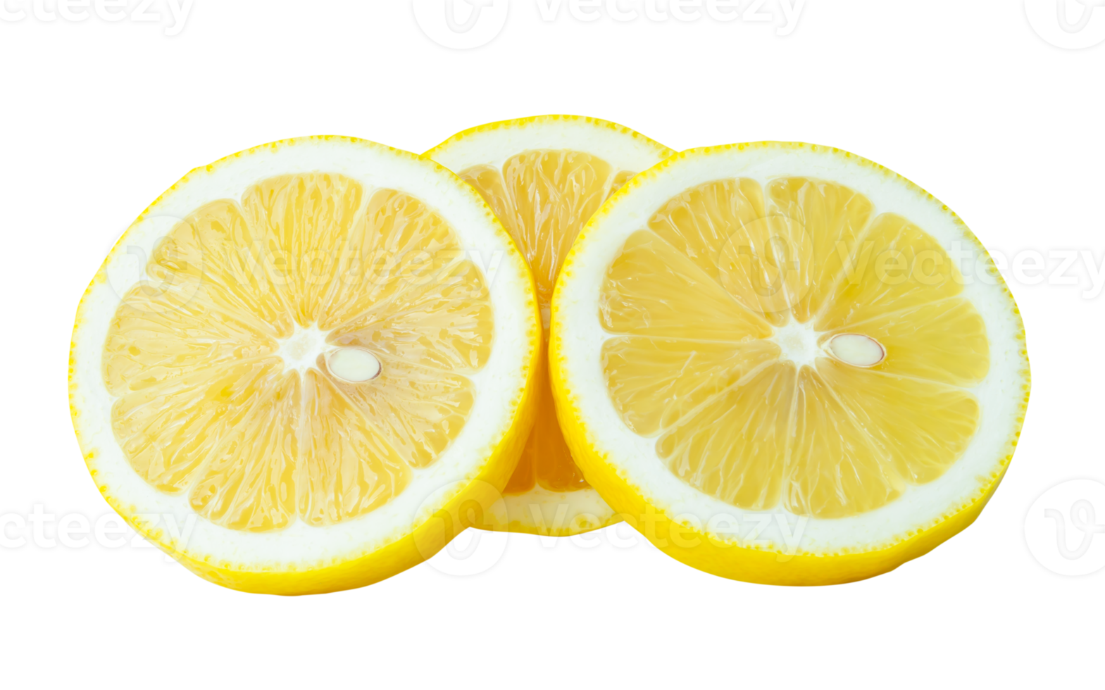 Top view of ripe yellow lemon fruit in three slices with seeds in stack isolated with clipping path in file format png