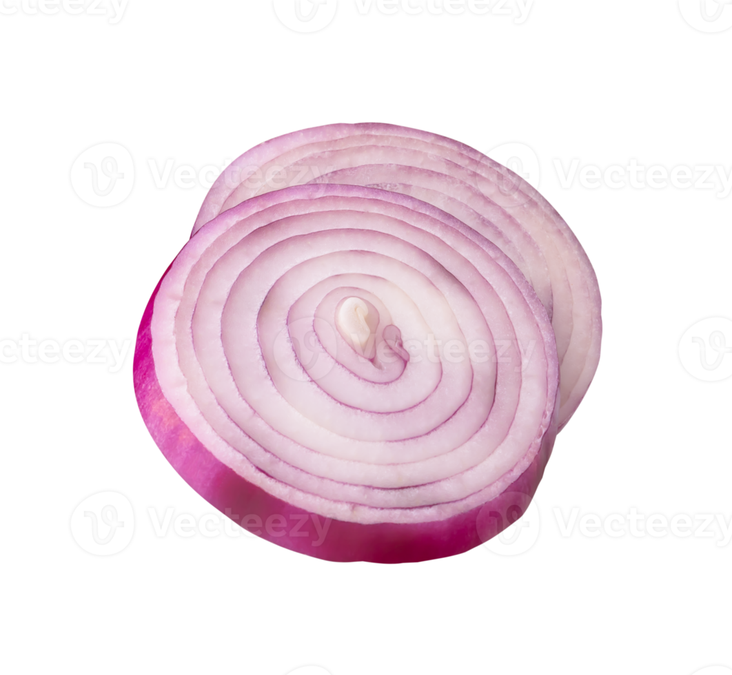 Two slices of peeled red or purple Spanish onion in circle shape in stack isolated with clipping path in file format png
