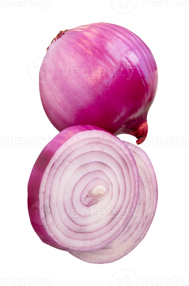 A whole and two slices of peeled red or purple Spanish onion in circle shape and one bulb in stack isolated on white background with clipping path in file format png