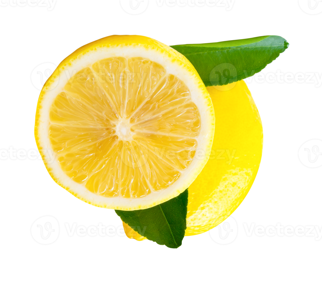 A whole and half with green leaves of ripe yellow lemon fruit isolated with clipping path in file format png