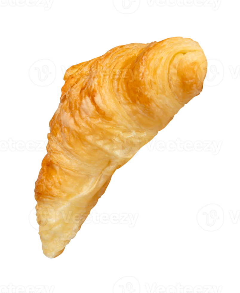 Top view of single brown or golden croissant isolated with clipping path in file format png