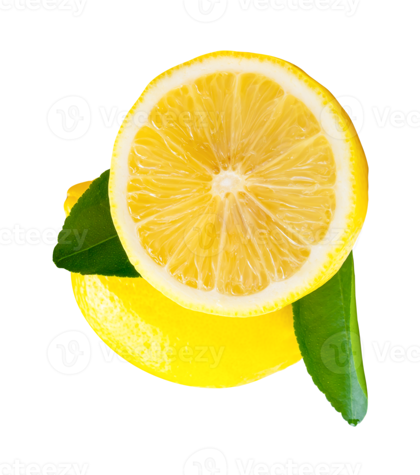 Front view of yellow lemon fruit with half and green leaves isolated with clipping path in file format png