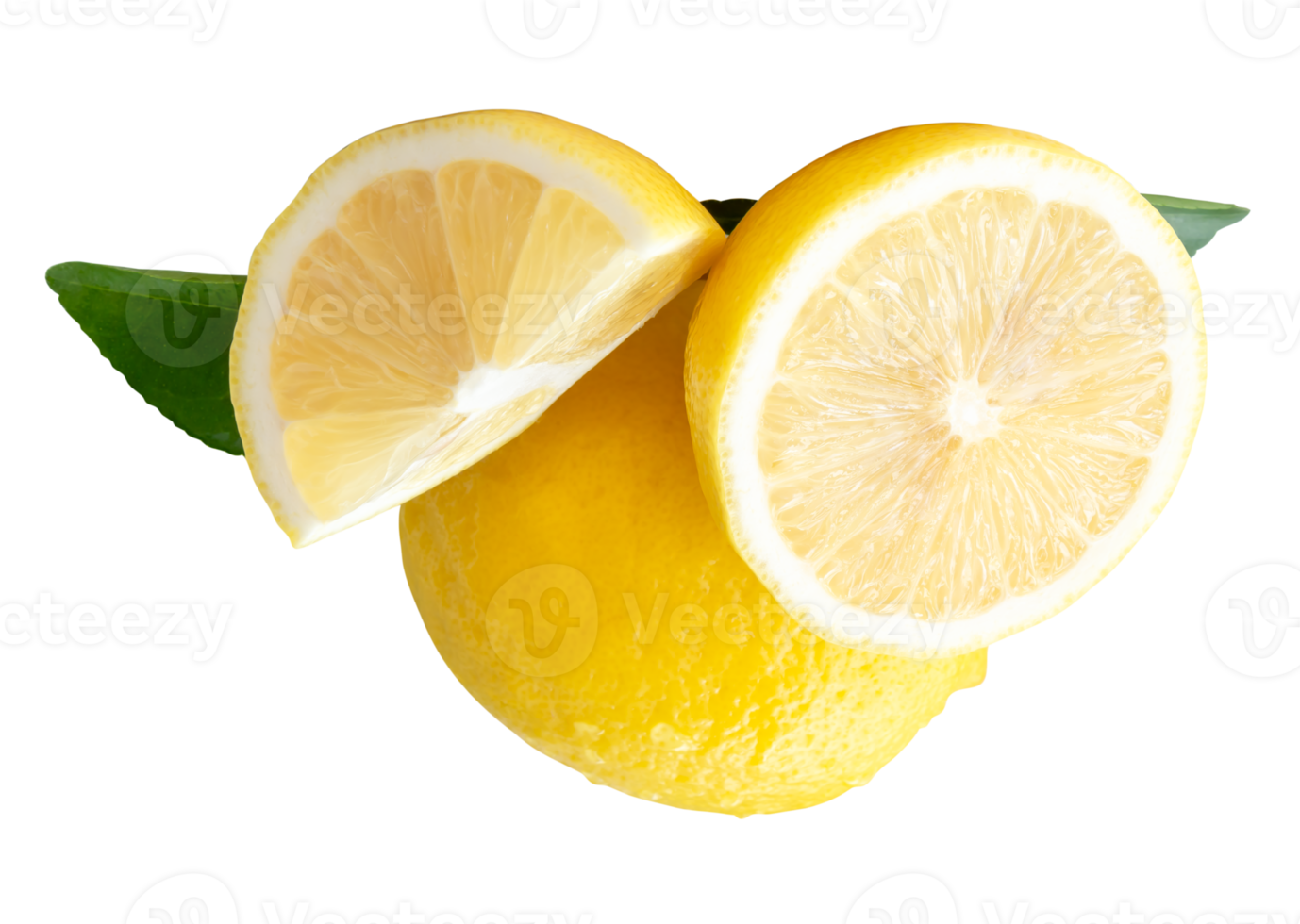 Top view of yellow lemon fruit with half slices and green leaves in stack isolated with clipping path in file format png