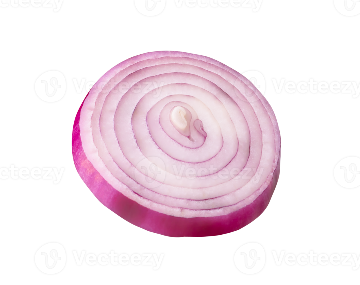 Red or purple Spanish onion in one slice in circle shape isolated with clipping path in file format png