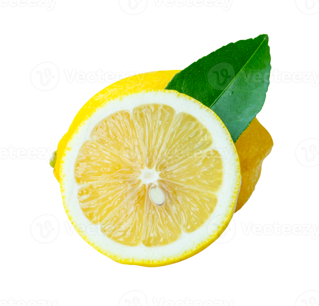 Front view and side view of yellow lemon fruit with half or slice and green leaf in stack isolated with clipping path in file format png