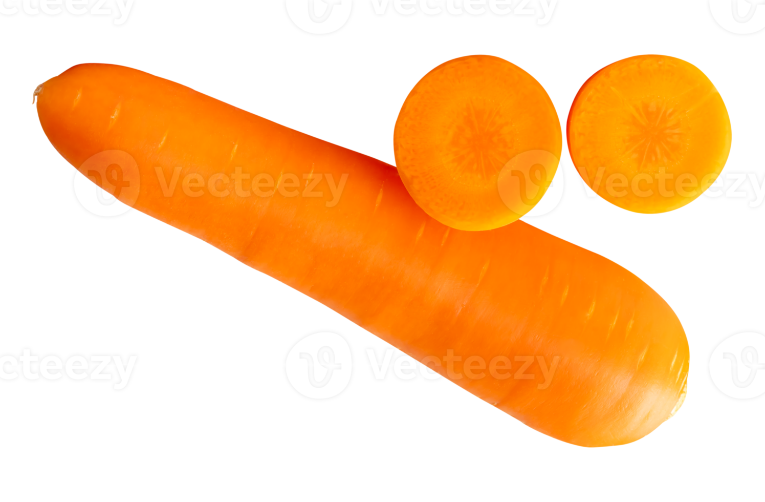 A fresh orange carrot root with slices in circles in stack isolated with clipping path in file format png