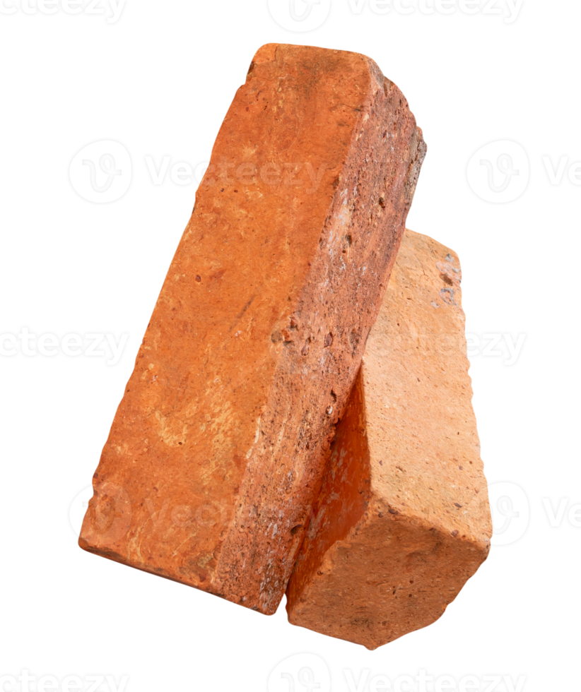A pile of two cracked old red or orange bricks isolated with clipping path in file format png
