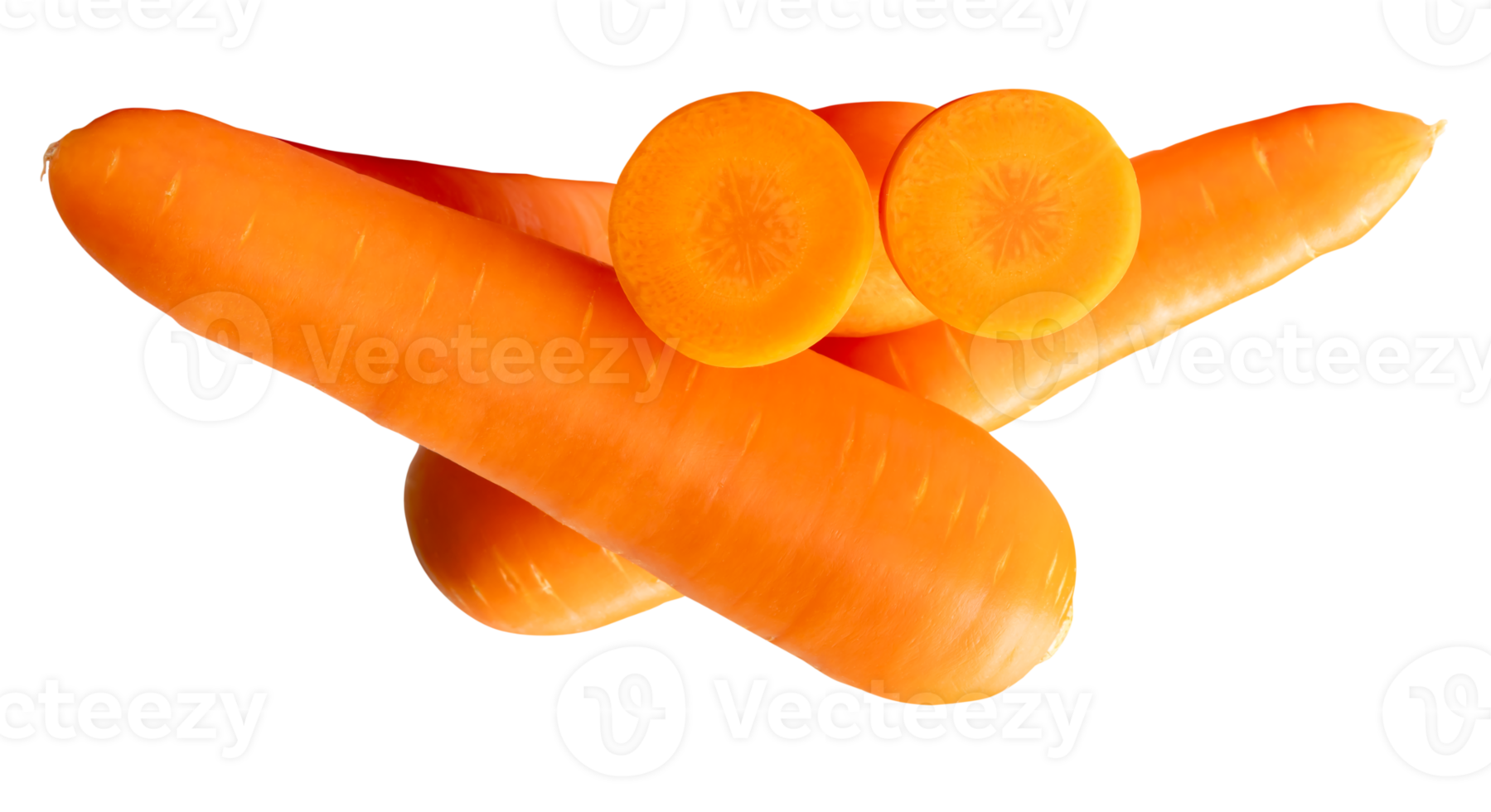 A stack carrot roots with slices in circles isolated with clipping path in file format png