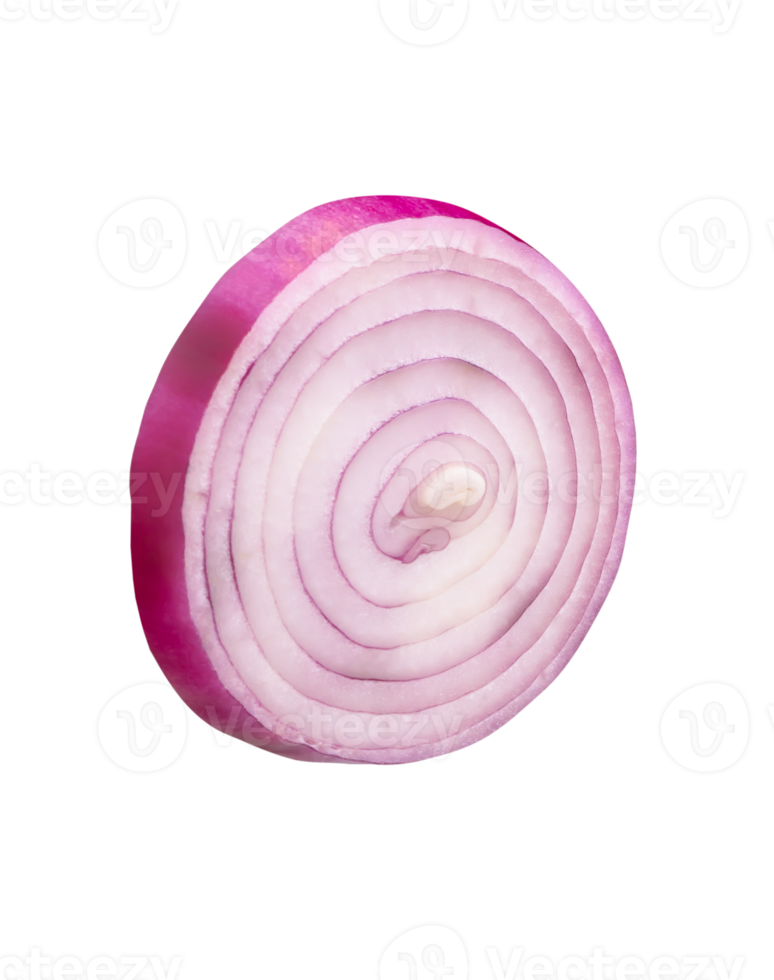 Fresh peeled red or purple Spanish onion in one slice in circle shape isolated with clipping path in file format png