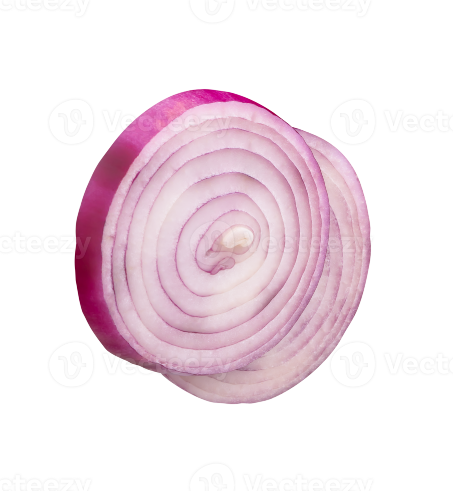 Fresh peeled red or purple Spanish onion in two slices in circle shape in stack isolated with clipping path in file format png