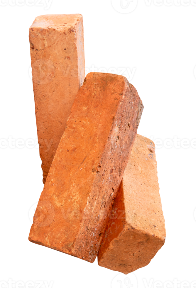 Side view of three cracked old red or orange bricks in stack isolated with clipping path in file format png
