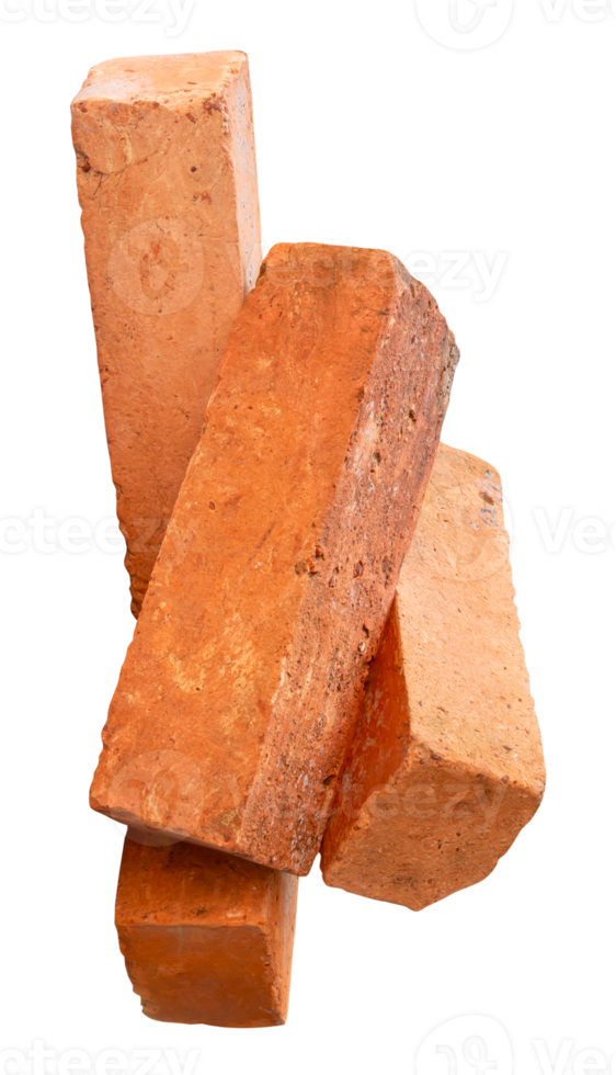 A vertical heap of four cracked old red or orange bricks isolated with clipping path in file format png