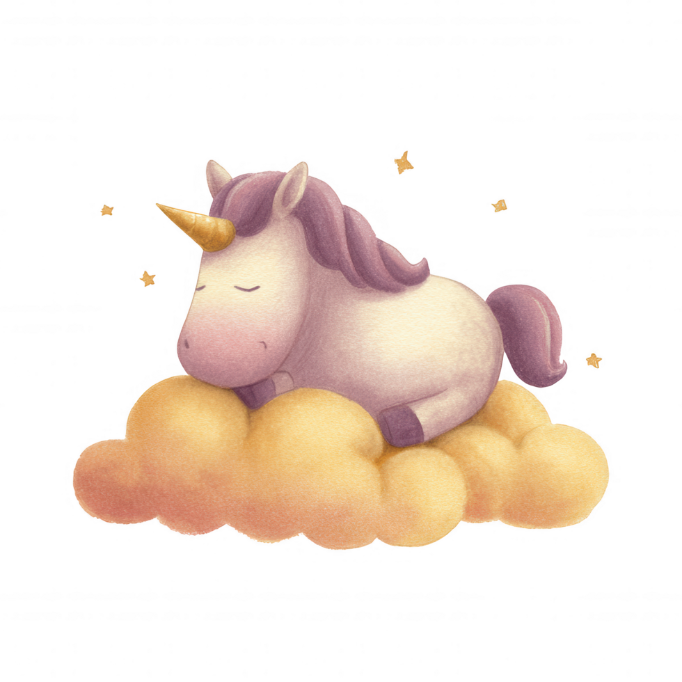 Dreamy unicorn sleeping on fluffy cloud, surrounded by stars, evokes sense of fantasy and calm png