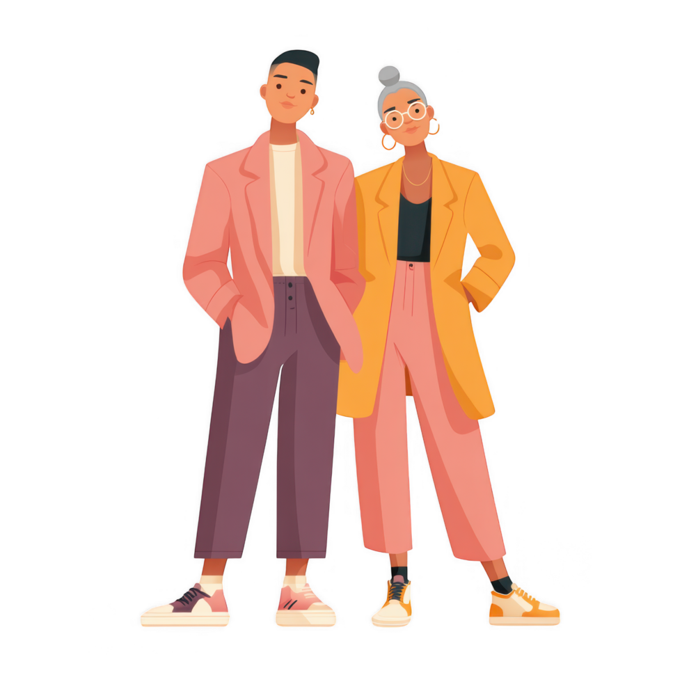 Stylish nonbinary couple in matching outfits, showcasing modern fashion and confidence png