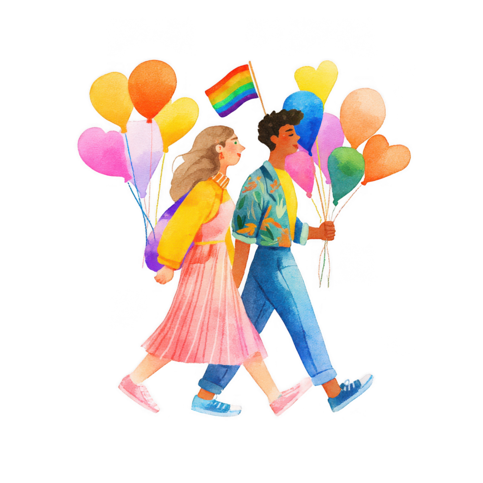 Celebrating love and diversity, couple walks together holding colorful balloons and pride flag png