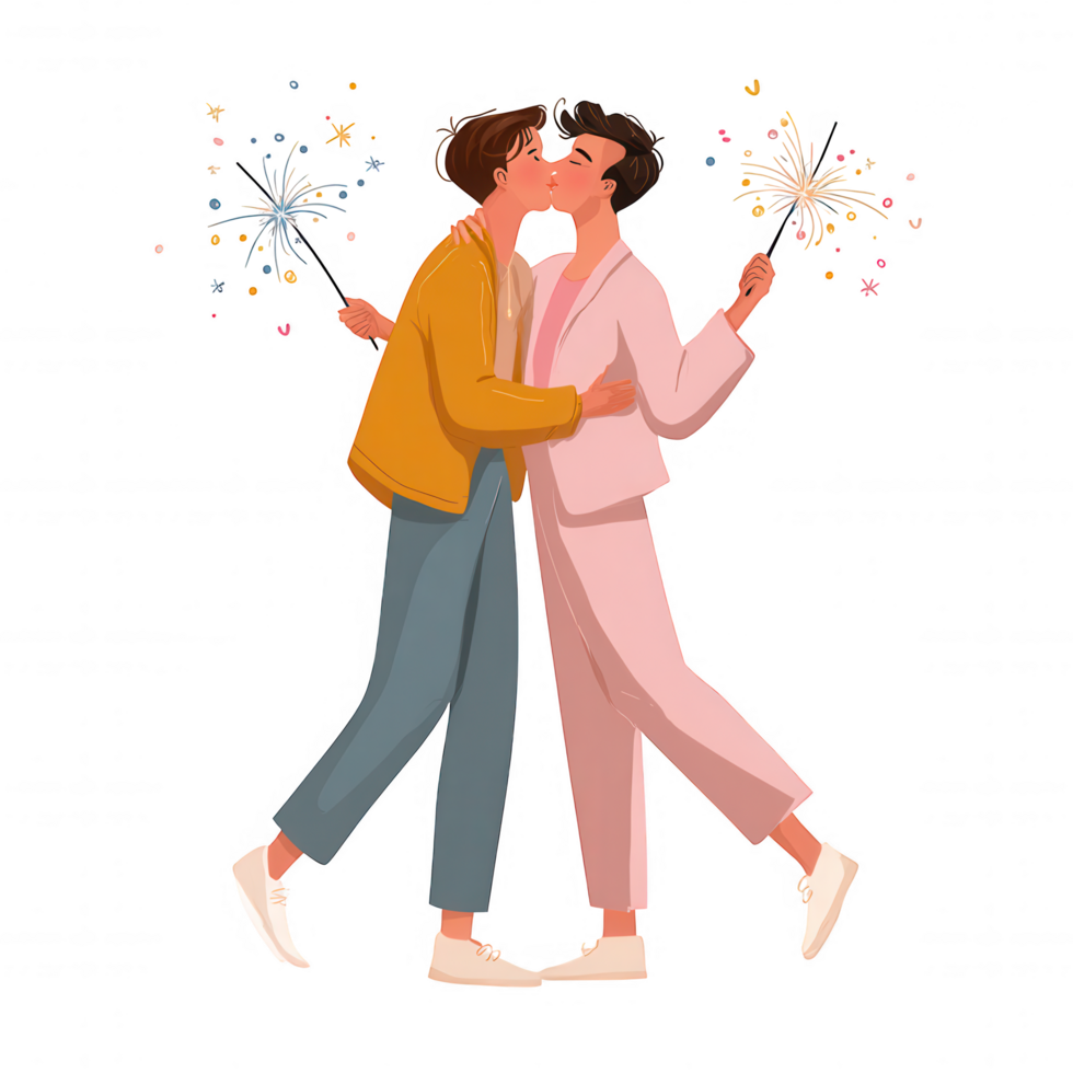 Joyful queer couple celebrating with sparklers, sharing kiss in festive atmosphere png