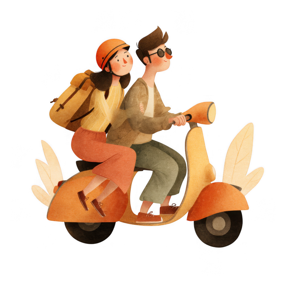 Couple riding scooter together, enjoying their travel adventure with joy png