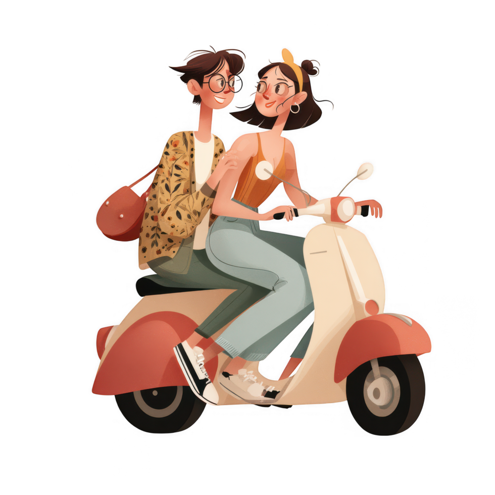 Cheerful couple riding scooter together, enjoying their travel adventure png