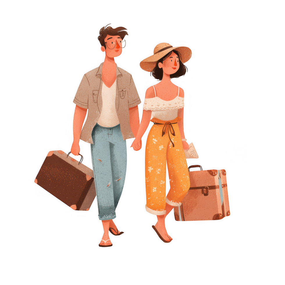 Travel couple holding hands with luggage, enjoying joyful journey together png
