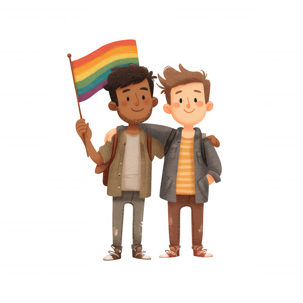 LGBTQ support illustration featuring two friends holding pride flag, celebrating love and unity png