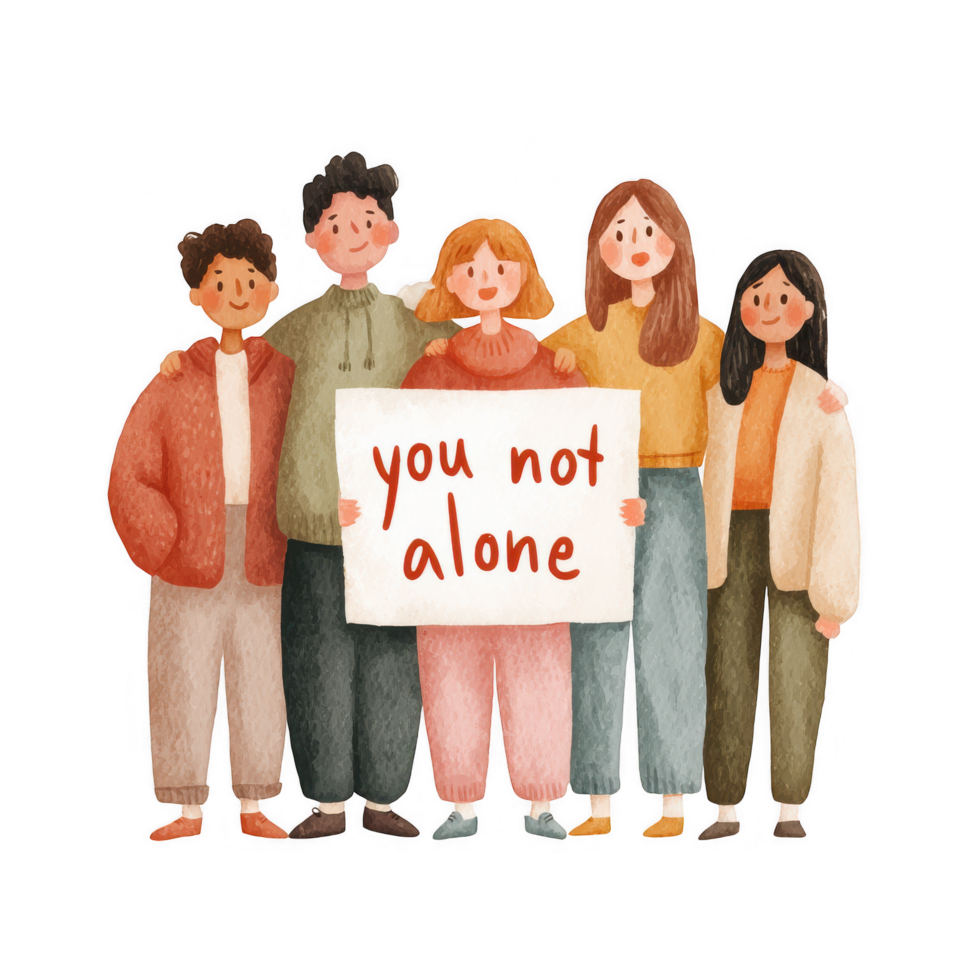 You are not alone this illustration shows group of friends holding supportive sign png