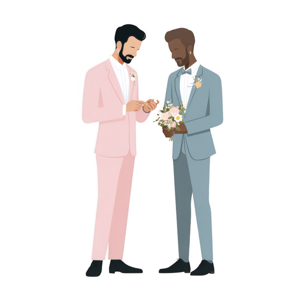 Two men in formal attire exchanging wedding rings, celebrating love and commitment png