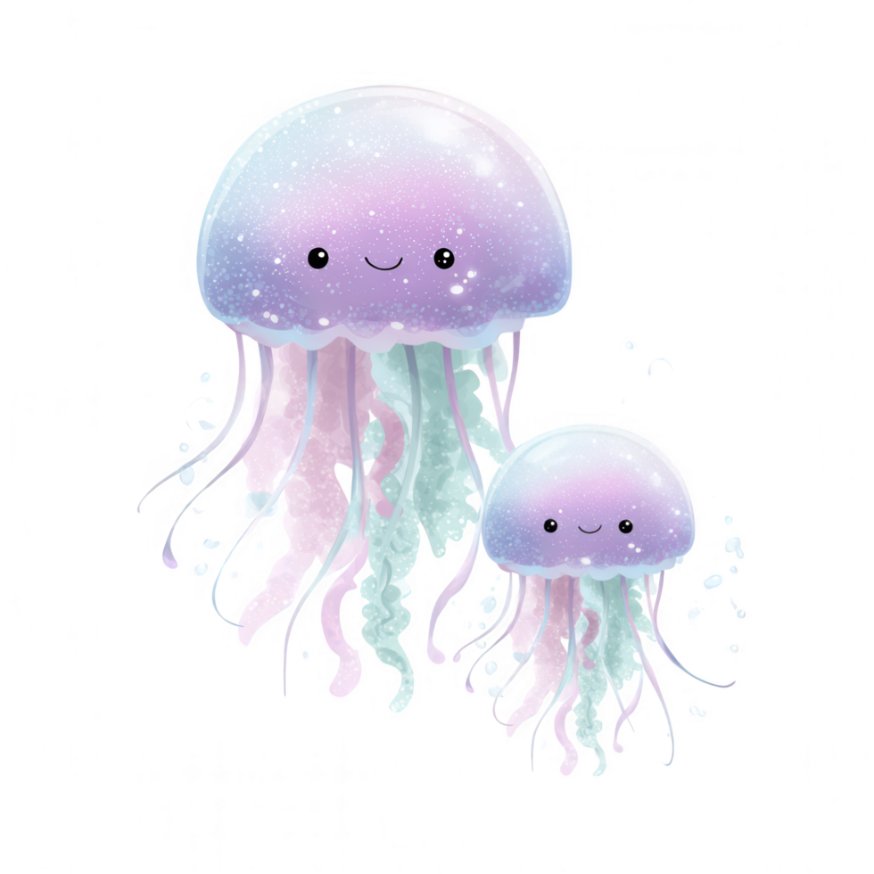 Cute jellyfish with smiling faces, floating in whimsical underwater scene png