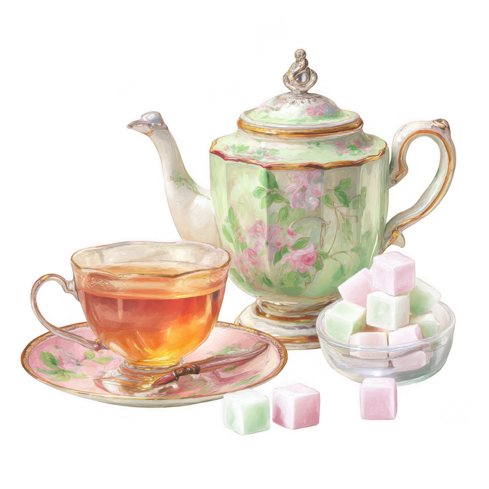 Cozy tea set with teapot, cup, and sugar cubes creates warm atmosphere png