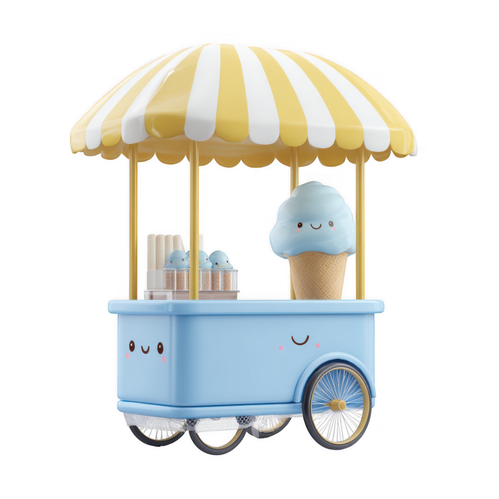 Cute ice cream cart with smiling face, featuring blue ice cream cones and cheerful design png