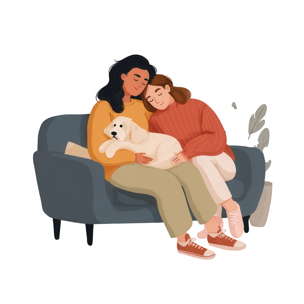 Cozy couple resting on couch with dog, enjoying peaceful moment together png