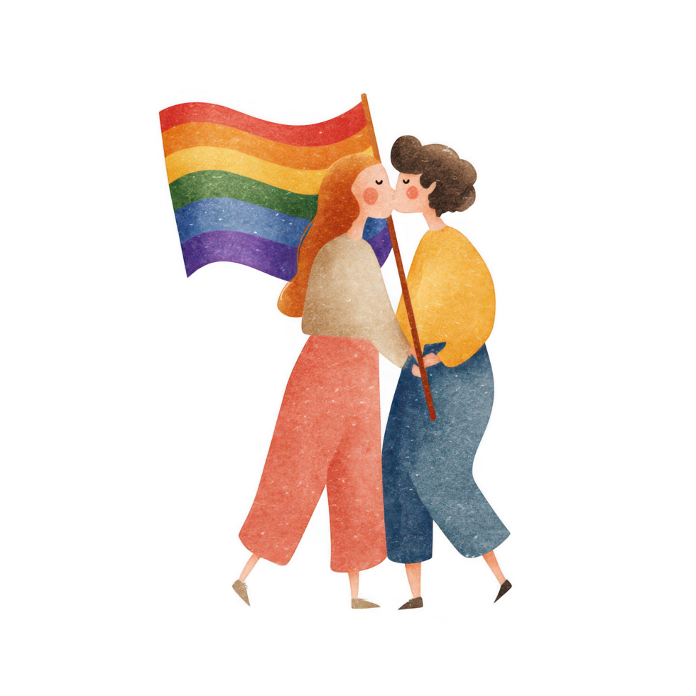 LGBTQ couple holding rainbow flag, celebrating love and unity in joyful embrace png
