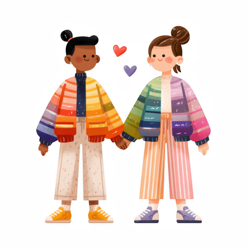 Colorful couple holding hands, wearing matching striped sweaters, expressing love and joy png
