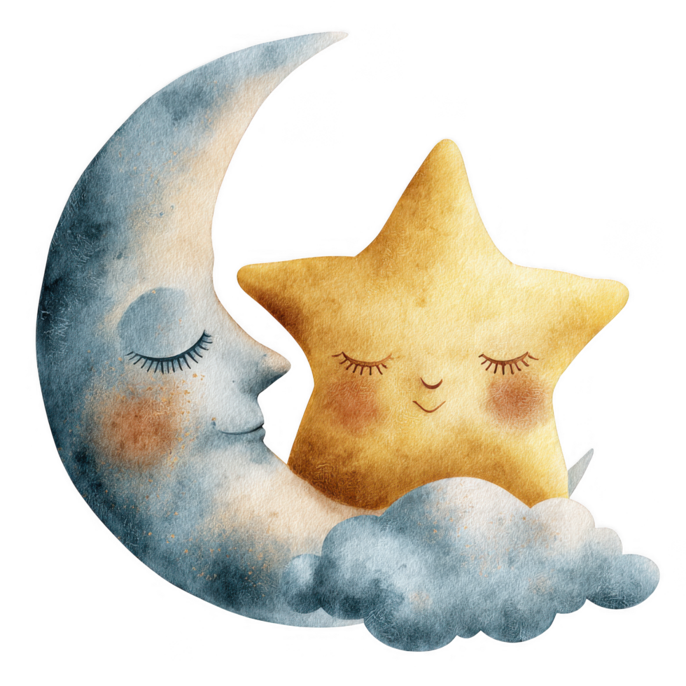 Sleepy moon and blushing star duo resting on cloud, creating whimsical celestial scene png