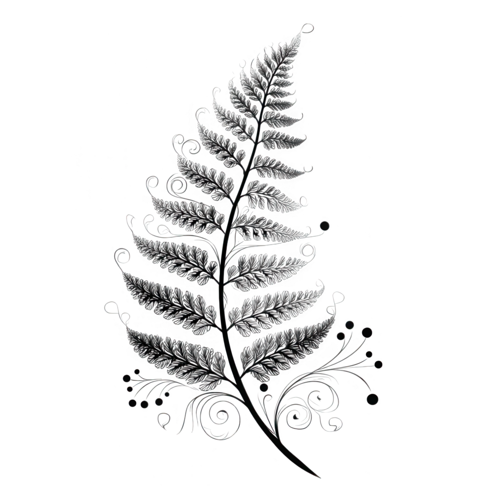 Stylized fern illustration featuring intricate details and floral elements, showcasing beauty of forest flora in monochromatic design. This artwork evokes sense of nature elegance and tranquility png