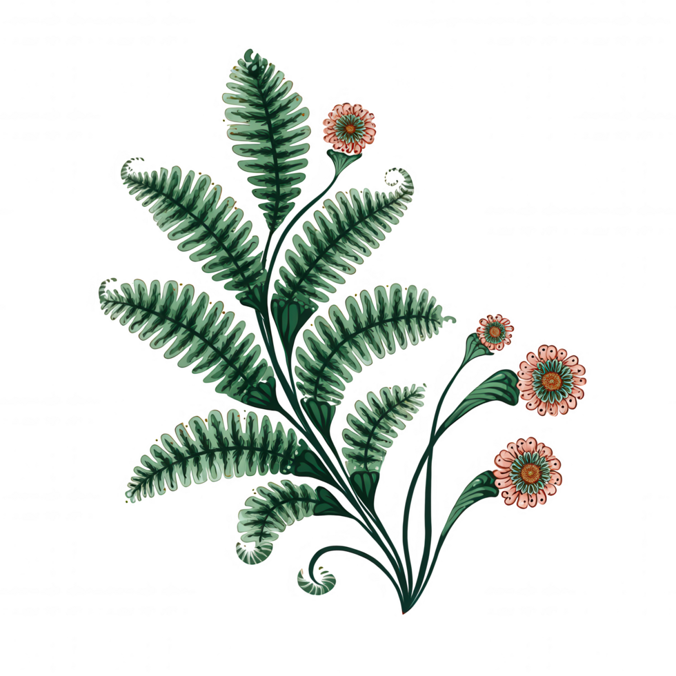 Stylized fern with pink flowers, showcasing intricate details and vibrant colors, perfect for nature themed designs and illustrations. This botanical element adds touch of elegance and charm png