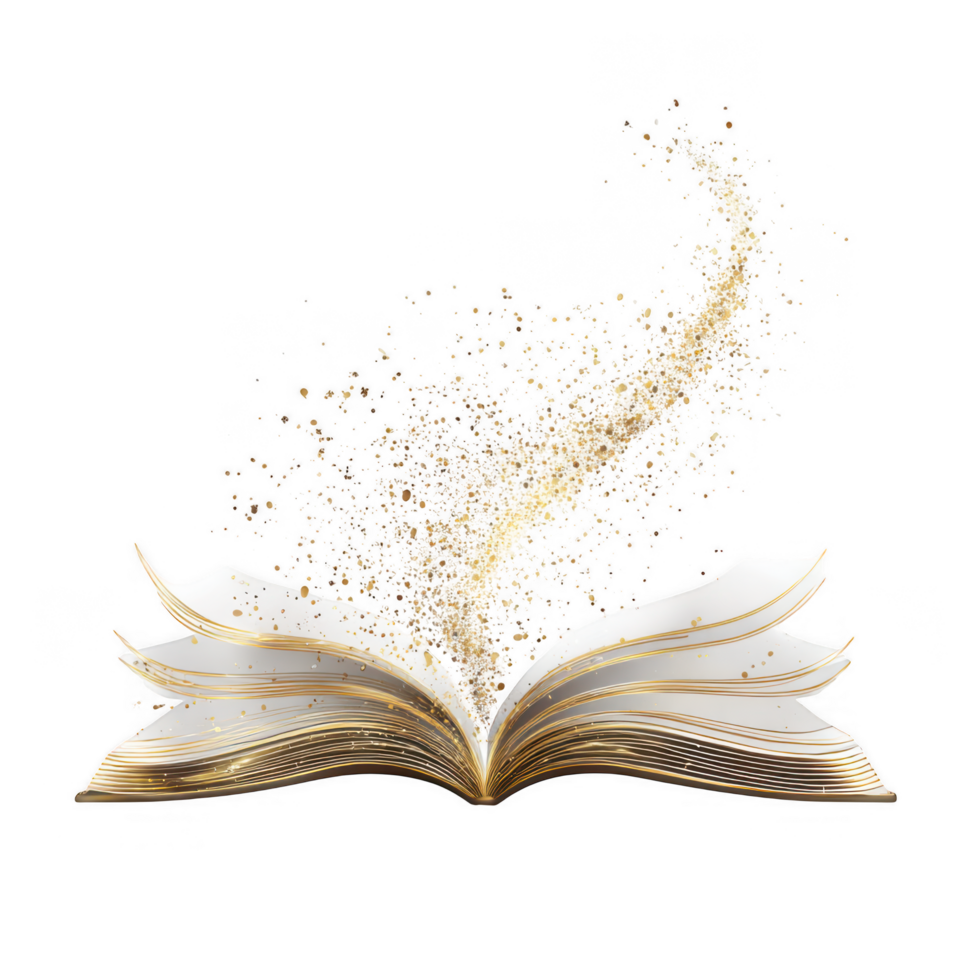 Open book with shimmering pages releases magical swirl of golden particles, symbolizing knowledge and creativity. This enchanting image captures essence of education and inspiration png