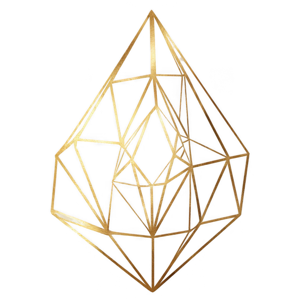 Geometric crystal design featuring luxurious gold outline, showcasing intricate lines and shapes that create stunning abstract element. This artwork embodies elegance and sophistication png