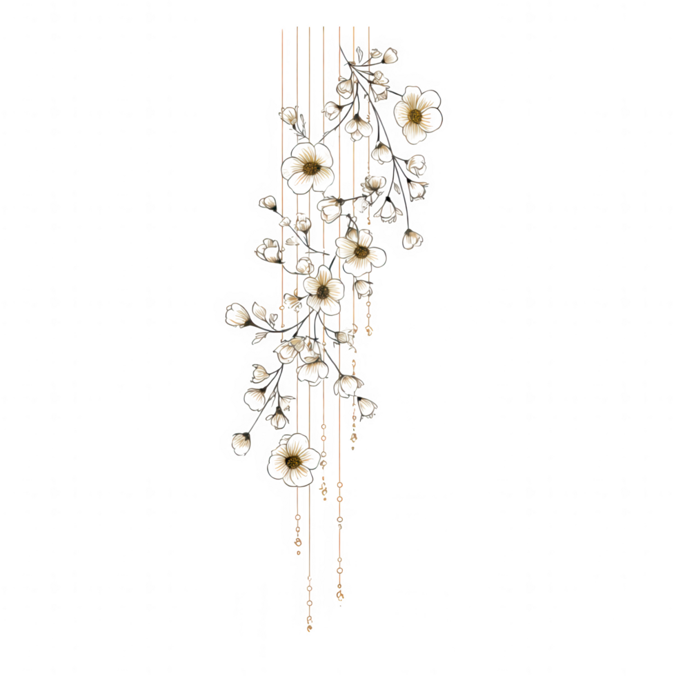 Elegant floral decor featuring hanging elements with delicate white flowers and shimmering beads, perfect for enhancing any space with touch of sophistication and beauty png