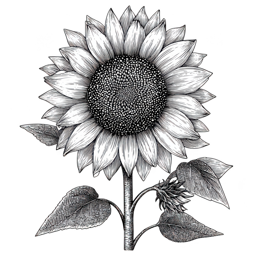 Detailed illustration of sunflower featuring bold petals and textured center, symbolizing cheerfulness and vitality. This floral element is perfect for various design projects png