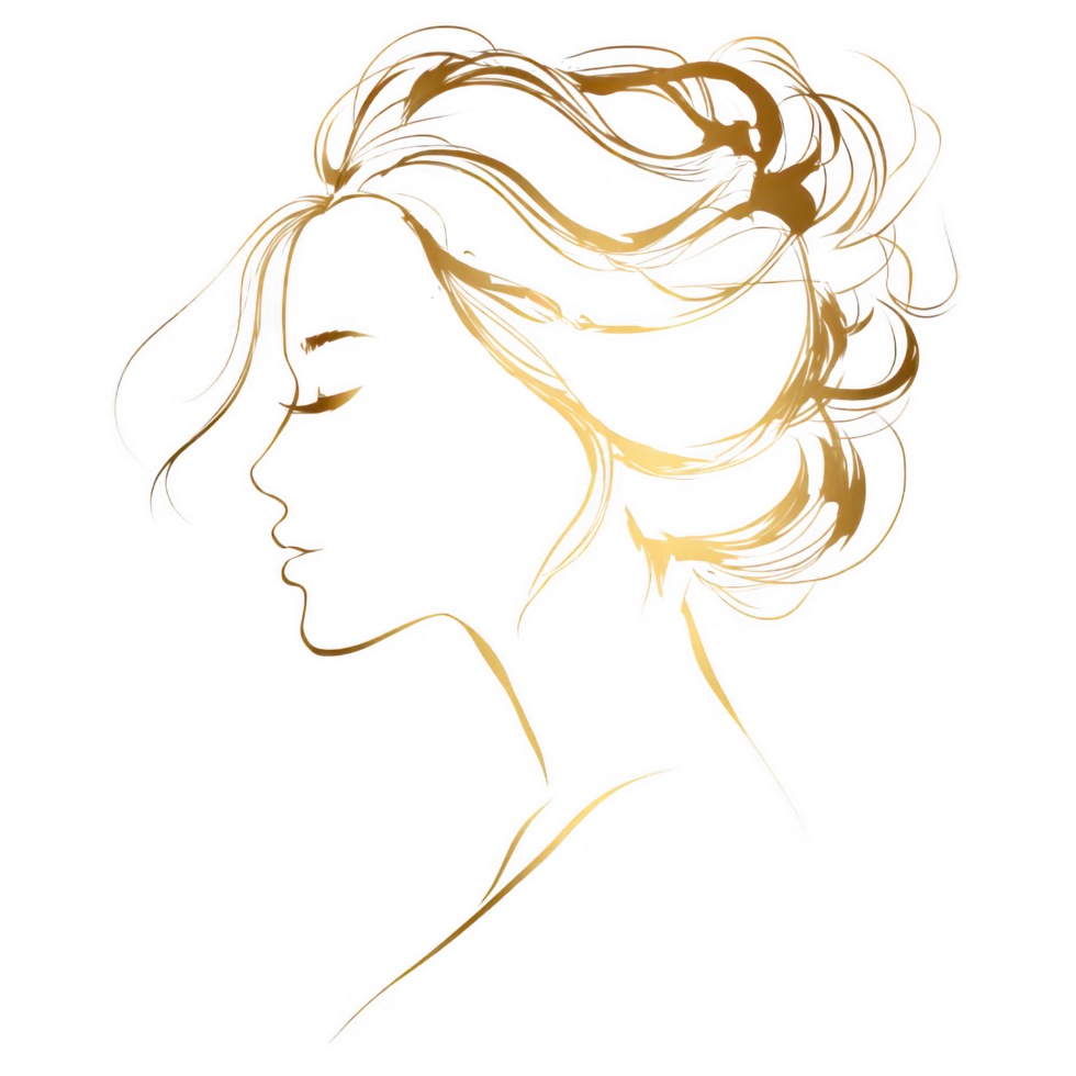 Graceful female silhouette with flowing hair, depicted in elegant gold lines, embodies beauty and sophistication. This artistic representation captures serene and timeless essence png