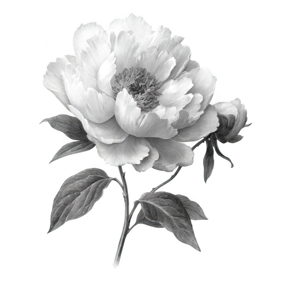 Beautiful peony bloom illustrated in detailed monochrome style, showcasing its elegant petals and intricate textures. This luxurious floral element adds touch of sophistication to any design png