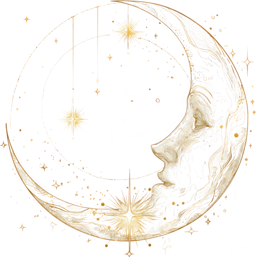 Celestial moon and stars illustration featuring elegant gold line art, showcasing serene night sky filled with twinkling stars and crescent moon. This artwork evokes sense of wonder png